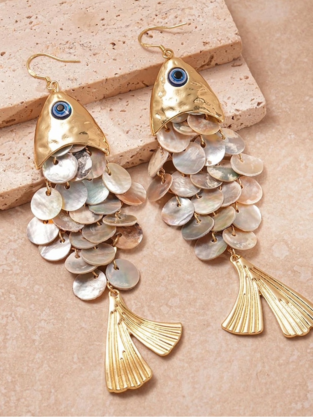 Gold and Pearl Shell Fish Dangle Earrings